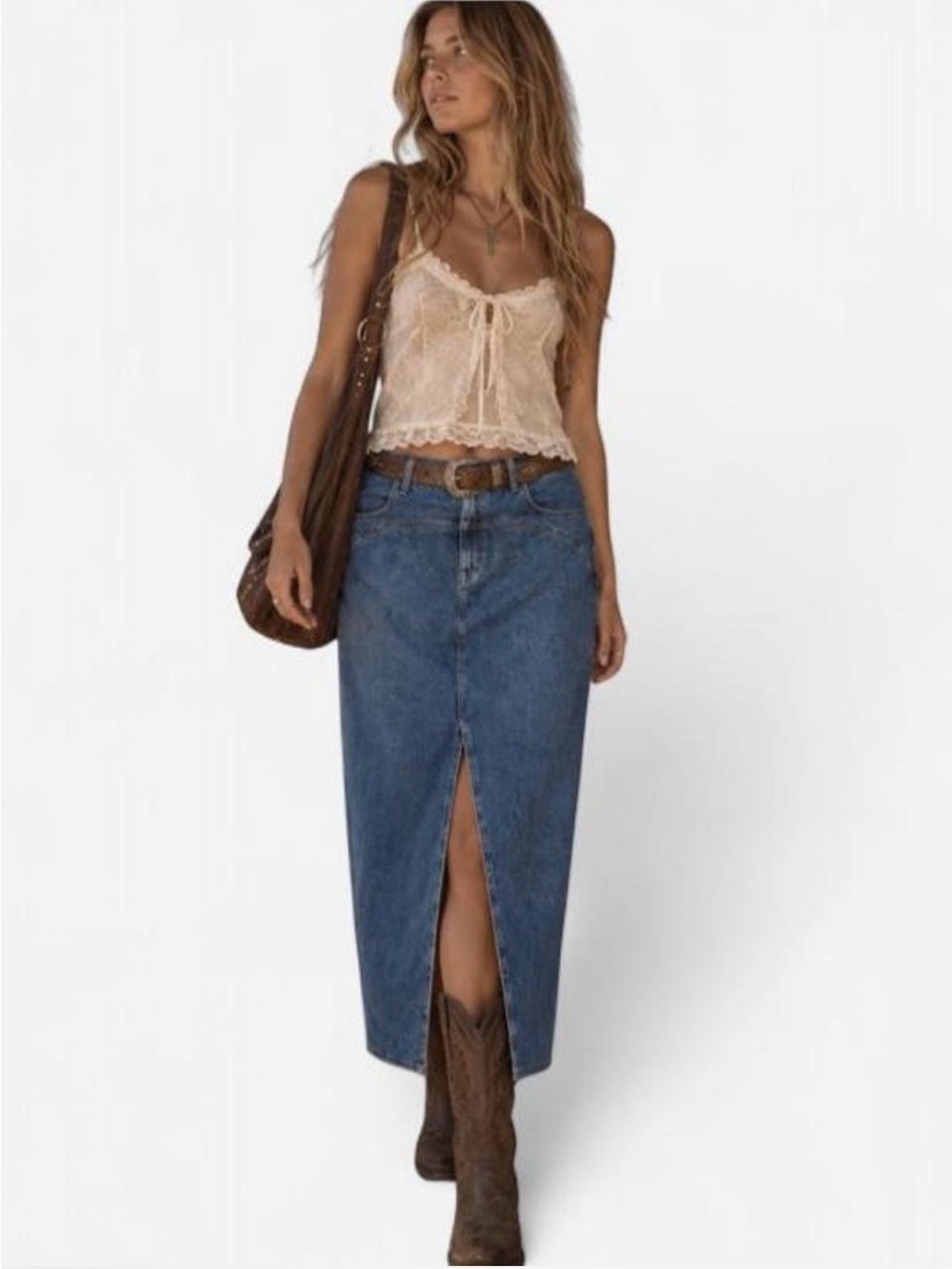 NWOT Madewell Blue Denim Western
Maxi Skirt Boho Front Slit Yolk Size 39" Waist